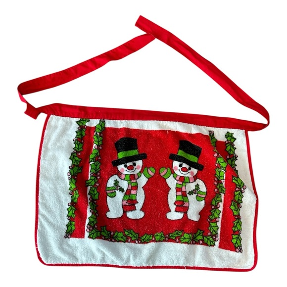 VTG Christmas Half Aprons Lot of 3 Terry Cloth Red Green Tie Back Santa Snowman - Picture 5 of 16